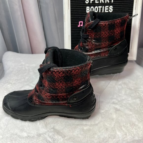 Sperry Red & Black Plaid Saltwater 🌨 Wedge Tide Wool Ankle Boots - 7.5 - Picture 5 of 14